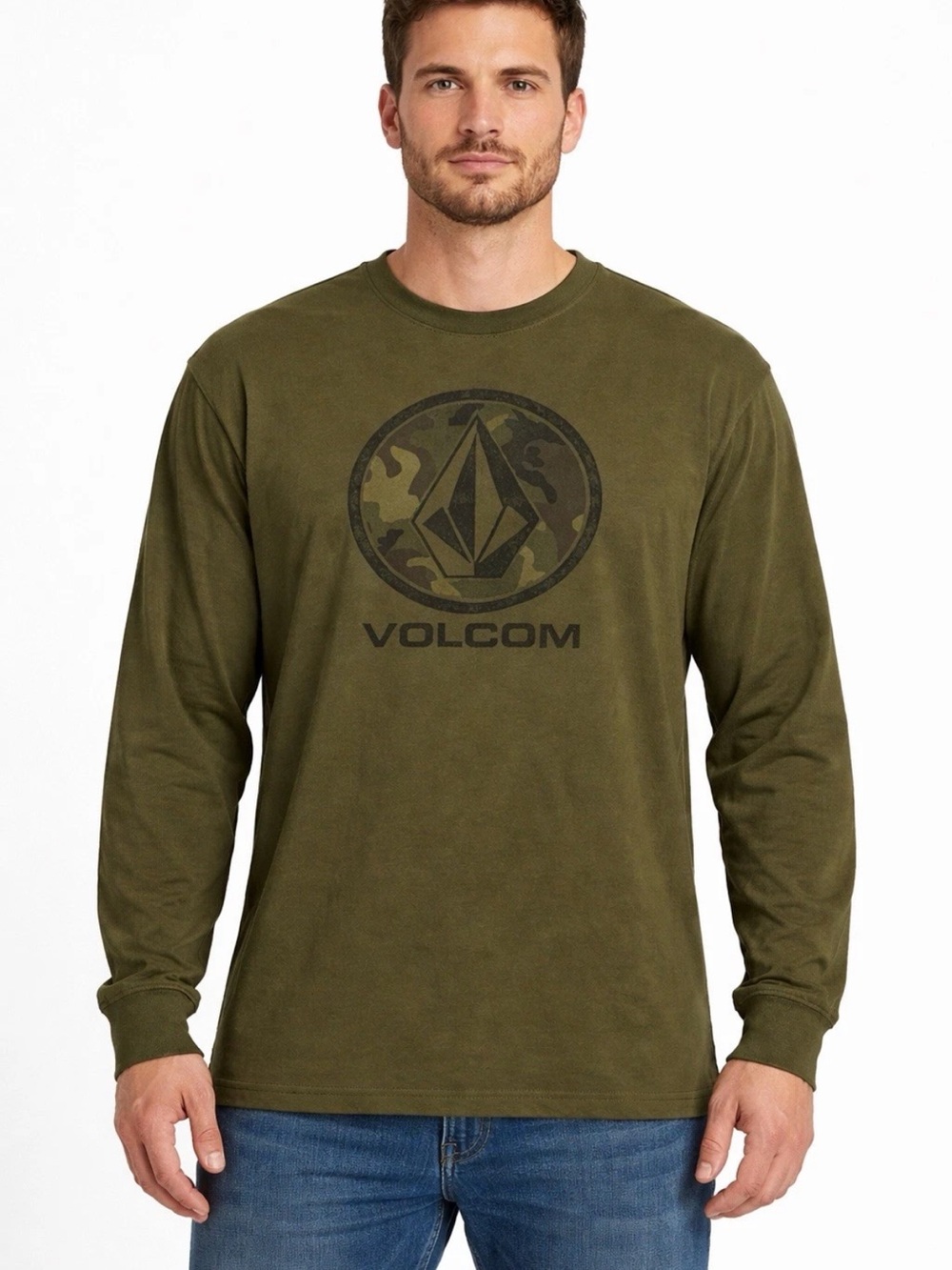 Volcom Mens Lightweight Graphic Thermal Crew Neck Shirt XL Green Camouflage